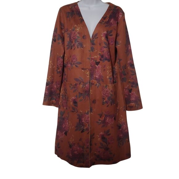 Anthropologie Solitaire Rust Copper Floral Faux Suede Duster Open Front Coat L - Picture 1 of 10